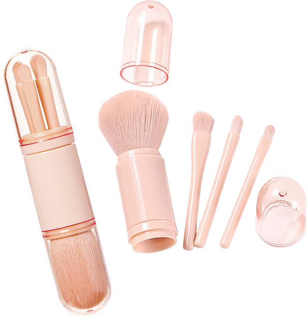 제이킨 4in1 멀티 휴대용 메이크업 브러쉬 세트, 1개, 피치핑크