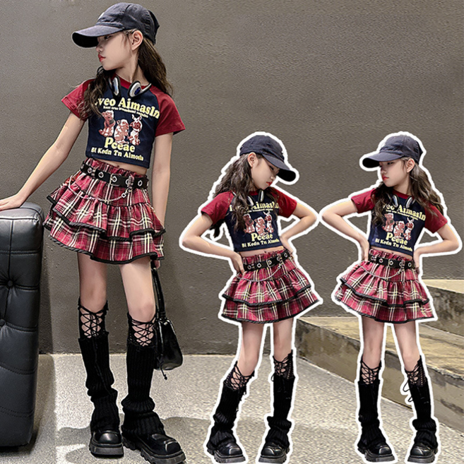 해피델리 주니어 크롭T+체크치마세트 단체 공연복 등원룩 초등학생투피스 댄스복 악세사리 여름투피스 주니어 여아 속바지