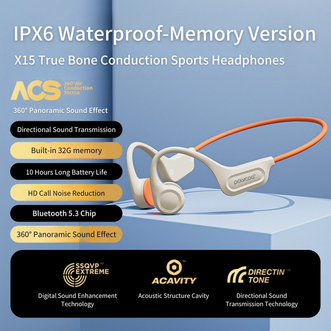 소리증폭기 음성 증폭기 난청보청기 POLVCDG 골전도 이어폰 무선 32G 블루투스 IPX5 땀 방지 골프 러닝 및 사이클링 X15, [05] Orange white 32G, 1개