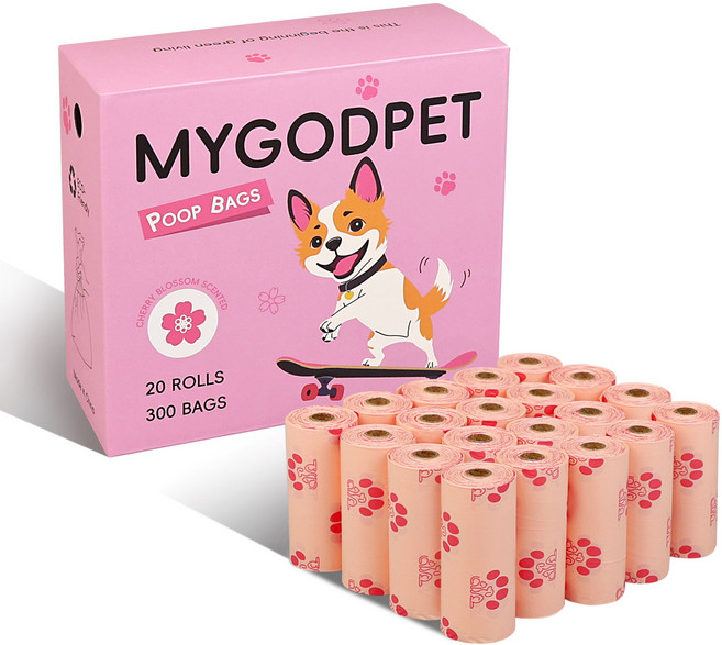 강아지 배변 봉투 생분해성 배변 봉투 누출 방지 두꺼운 펫용 쓰레기 봉투, 20개, 15개입, 분홍색-벚꽃 향
