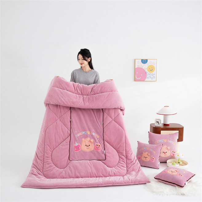 Loopy 抱枕被 兩用摺疊珊瑚絨毯, 加絨加厚露比Loopy-櫻花粉
