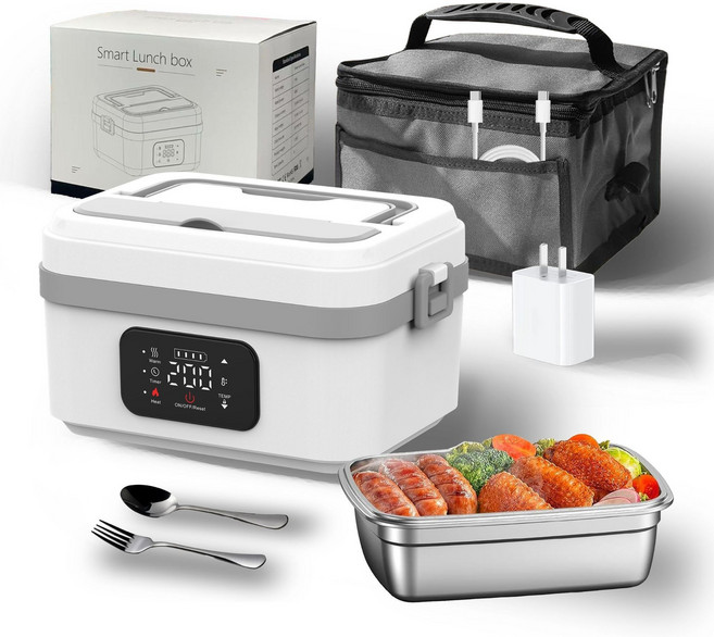 THERMAL 電熱飯盒，304不鏽鋼內膽便攜式加熱餐盒, 1個, 二代白黑色-無線插電定時款:內膽304不鏽鋼