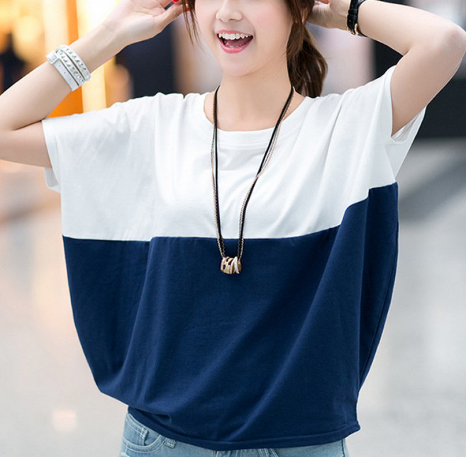 쁘띠꼬모 여성 라운드넥 가오리 배색 반팔티 오버핏 배색 디자인 캐주얼 봄여름
