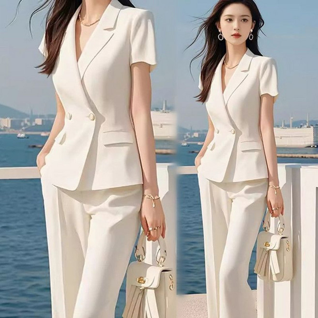 여성 정장 긴바지 투피스 여름 얇은 반팔 정장 자켓 + 롱 팬츠 여자 캐주얼 세트 LT
