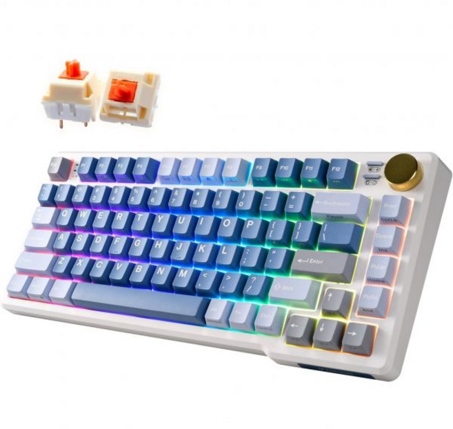 iRocks K103R 무선 충전식 RGB 75% 기계식 게이밍 키보드 핫 스왑 가능한 프리루브 스위치 81개의 PBT 키 개스킷 마운트 USB-C 분리 케이블 라벤더 퍼플 버, Ocean Blue, Bubble Switch