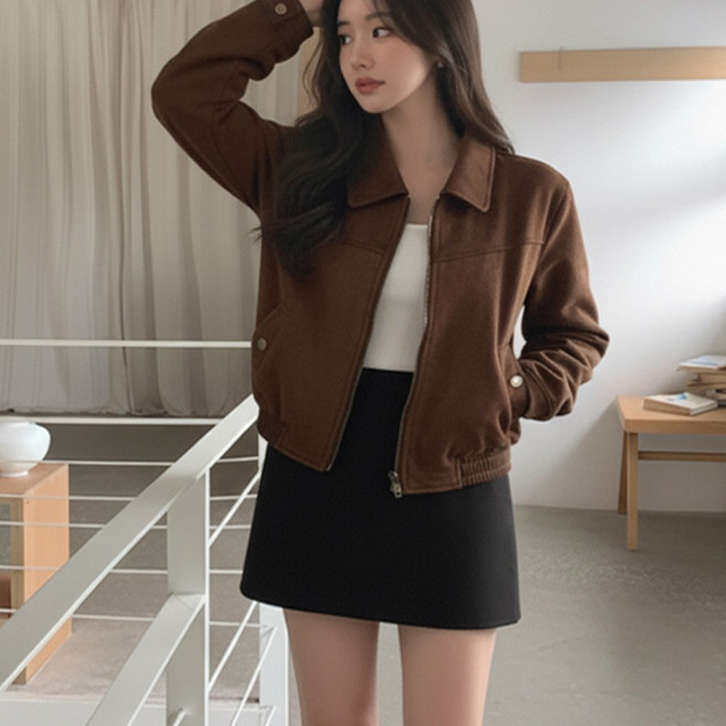 카라넥 베이직 스웨이드 크롭 자켓 여성 집업 숏자켓