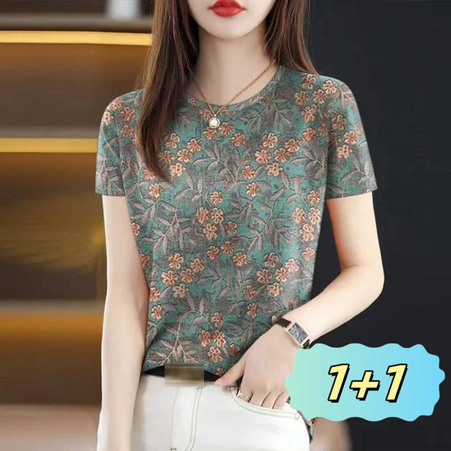 AOKADA 1+1 여성 여름 라운드 반팔 티셔츠 플라워 프린팅 면티 반팔티