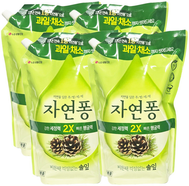 자연퐁 찌든때 걱정없는 솔잎 주방세제 파우치형, 1.4L, 4개