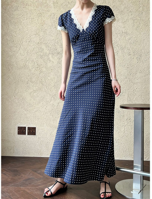 스타일닥터 여성 봄 여름 블루 레이스 빅 도트 원피스 브이넥 슬림 롱 원피스