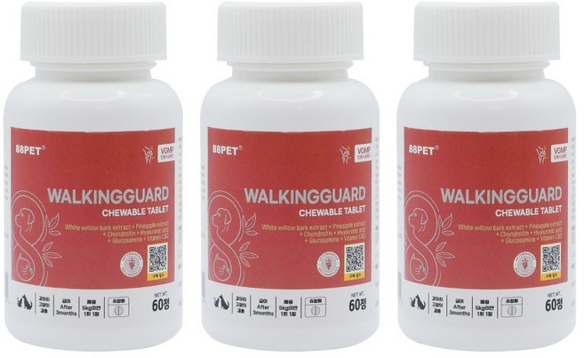 88펫 워킹가드 츄정 강아지 고양이 관절 슬개골 고관절 진통제 소염제, 60정, 뼈/관절강화, 3개