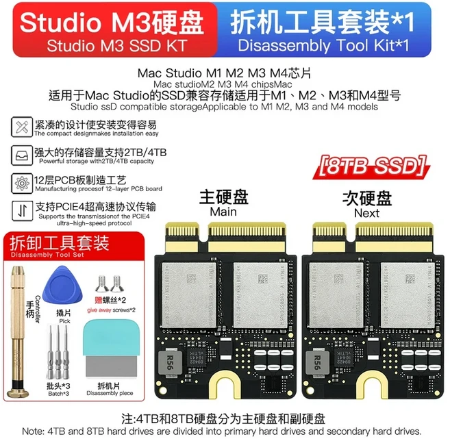 미니 PC4TB 하드 디스크 업그레이드 키트 소형 플레이트 Mac Studio SSD M1 M2 M3 M4 PRO MAX 용 울트라, 10 Studio M3 8TB Kit