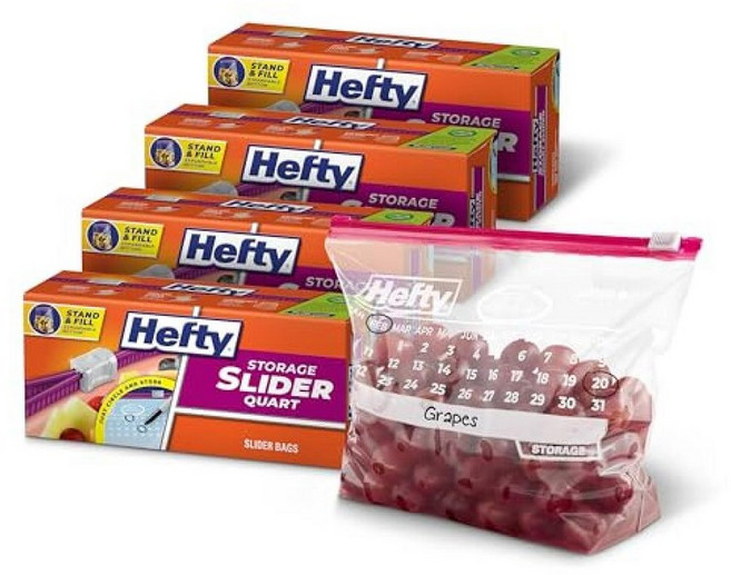 Hefty 달력 슬라이더 갤런 보관 가방 30개 4팩 날짜가 있는 백 생고기 빵 과일 채소 지퍼 앤 클릭 잠금 총 120개 268555, 쿼트