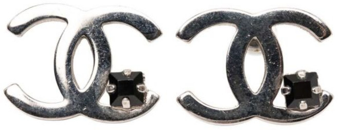 샤넬 중고 2005 실버 도금 CC 라인스톤 푸시백 코스튬 이어링