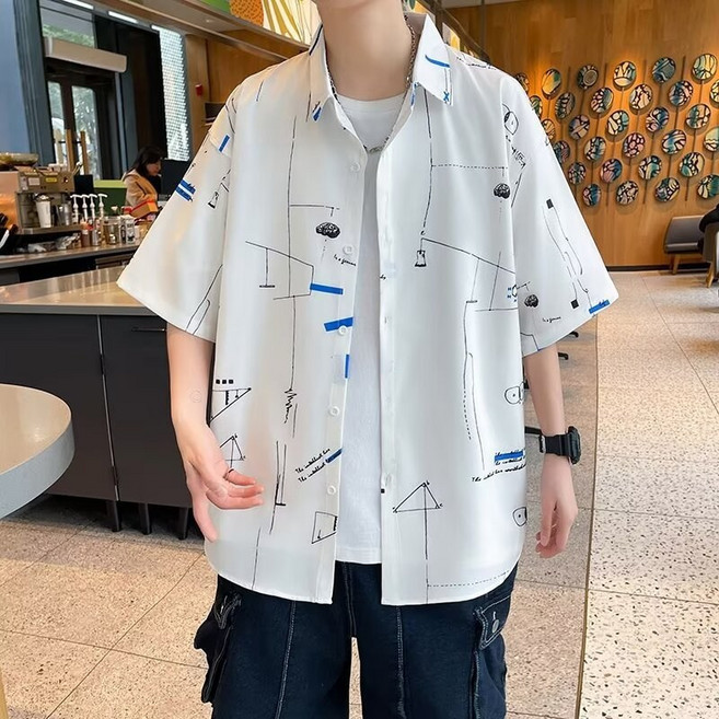 港風ins男寬鬆五分袖襯衫青少年夏季流行休閒百搭新潮流高彈襯衣