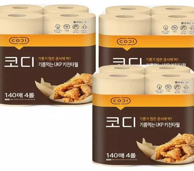 코디 아름드리 기름먹는 키친타월 140매4롤 x 3팩 x2SET(SH), 140매, 6세트