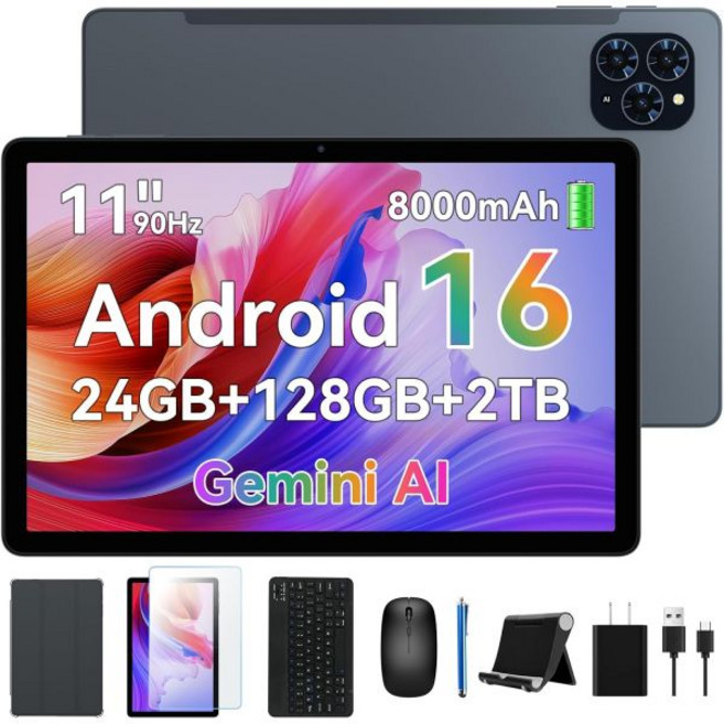 2026 11인치 2K FHD 안드로이드 16 태블릿 키보드 내장 제미니 AI 24GB 램 256GB 저장공간 2TB 확장 가능 1.8GHz 옥타코어 T615 CPU 380니트, KINGRID 회색