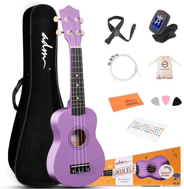 ADM 우쿨렐레 21인치 컬러풀 입문용 세트 보라, 1세트, 소프라노
