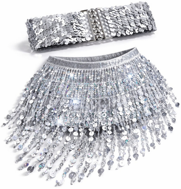 스타일홀리 스팽글 랩스커트 + 벨트 SET 라인댄스 벨리댄스 공연 무대의상 줌바 라틴 댄스복, 1세트, 실버