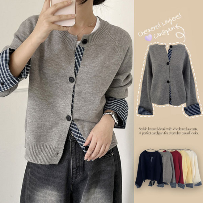 [최저가/폭닥니트] 배색 체크 셔츠 일체형 / (인기상품)버튼레이어드체크긴팔니트가디건CT