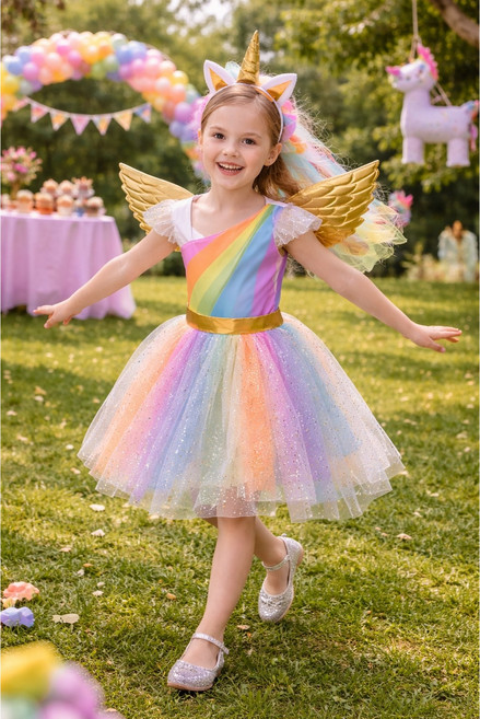유니콘 무지개 드레스 코스튬 세트 여아 공주 할로윈 의상 (날개+머리띠 포함)