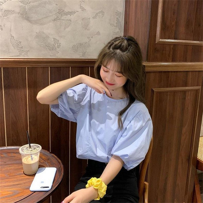 Vezri 여성 여름 반팔 블라우스 루즈핏 퍼프 소매 티셔츠 캐주얼 심플 스타일