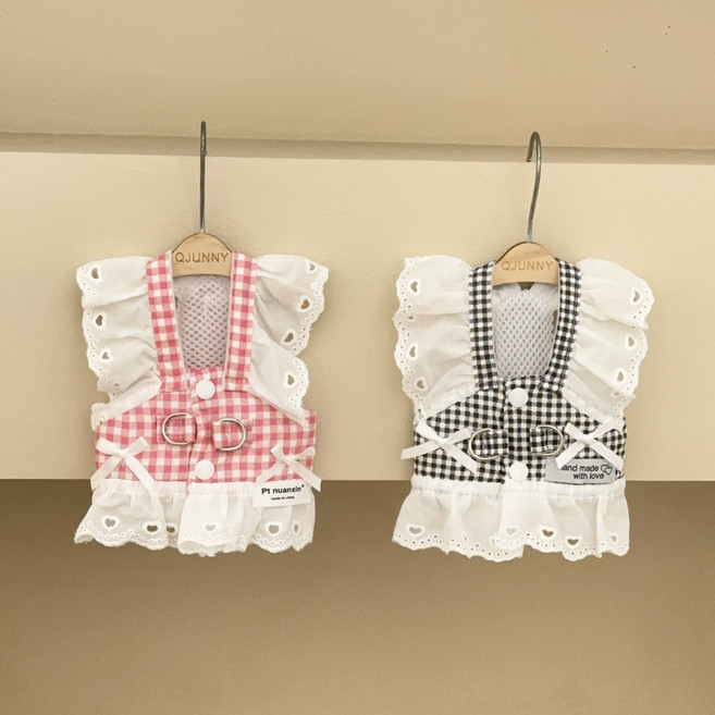 코어엑시스 강아지 하네스 체크 원피스 고양이 공주 치마 소형견 산책 애견 옷, 1개, 핑크