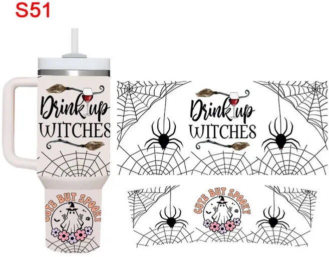 UV DTF 전송 스티커 할로윈 테마 40oz 텀블러 랩 컵 DIY 방수 사용하기 쉬운 맞춤형 데칼 S52, 01 40oz, 03 S51
