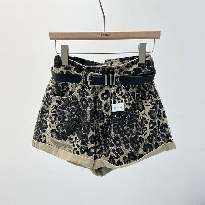 페이준 여성 여름 레오파드 하이웨스트 데님 반바지 날씬해 보이는 a라인 와이드 팬츠 LN4040