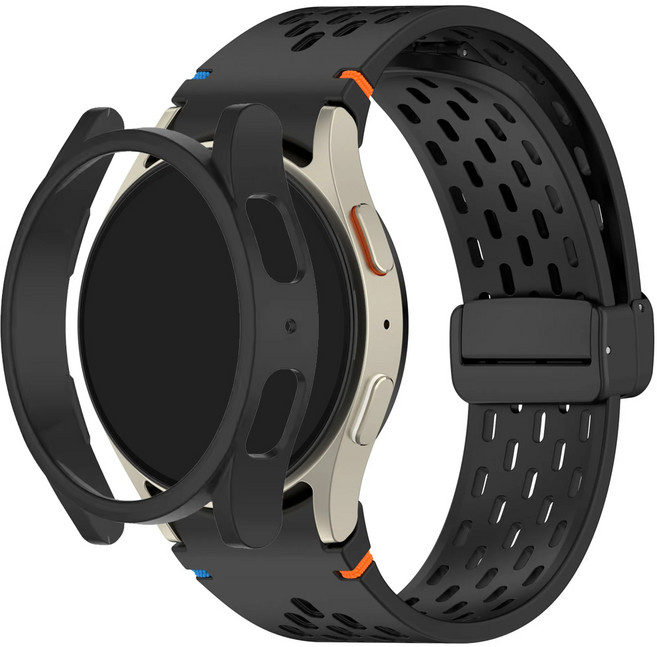 미소피아 갤럭시워치 7 6 5 4 호환 D버클 마그네틱 에어홀 타공 실리콘 스포츠밴드 케이스 세트 시계줄, 워치6 44mm, 블랙세트, 1개