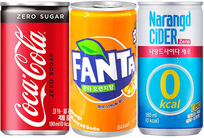 Yotta 미니캔음료 코카콜라제로+환타+나랑드사이다제로 각 30캔씩 탄산음료, 90개, 190ml