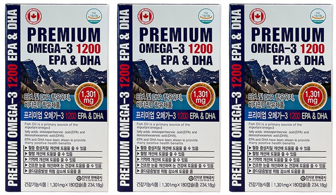 프리미엄 오메가3 1200 180캡슐 X3개 캐나다직수입 EPA DHA 비타민D 눈건강도움 혈행개선도움, 180정, 3개