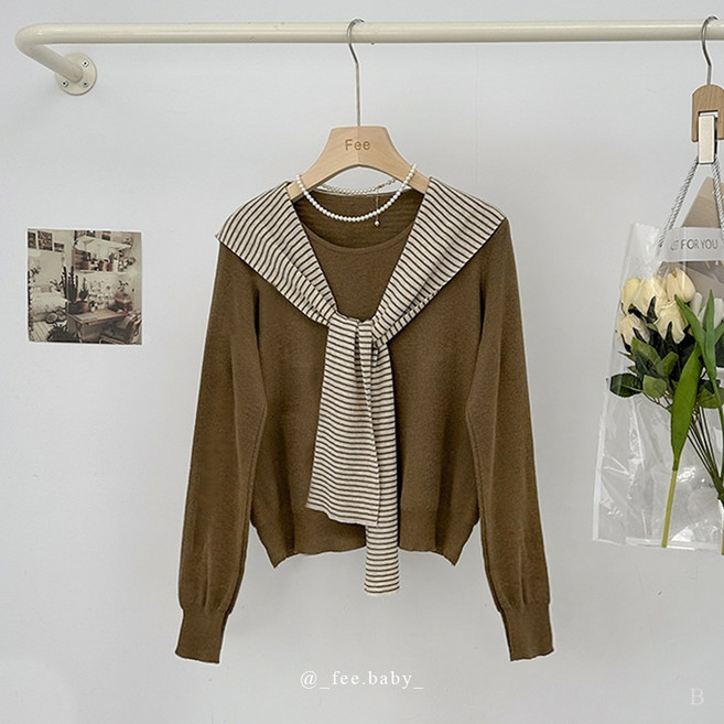 連帽條紋披肩長袖針織衫