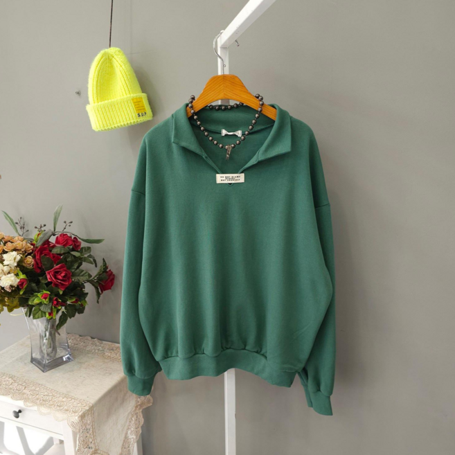 여성용 브이카라 라벨패치 면혼방 긴팔 맨투맨