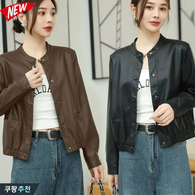 YLEMI 봄 가을 캐주얼 라운드넥 가죽 자켓 여성 데일리 루즈핏 레더 재킷