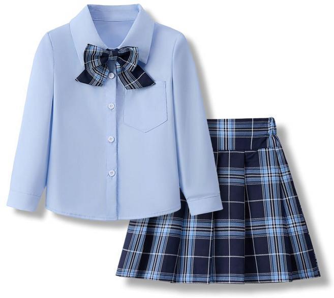 루비키즈 여아 유아 봄 가을 스쿨룩 파랑 셔츠 체크 스커트 리본 넥타이 3종 세트복 E123
