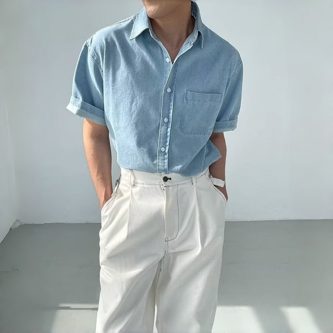 ANYOU 남성 반팔 데님셔츠 루즈핏 캐주얼 데일리 티셔츠