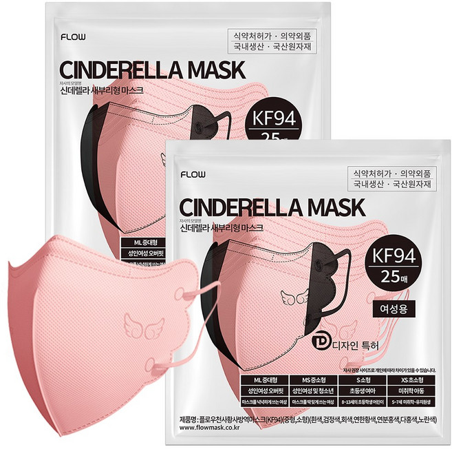 플로우 신데렐라 KF94 새부리형 마스크 지퍼백 초소형, 코랄, 2개, 25개입