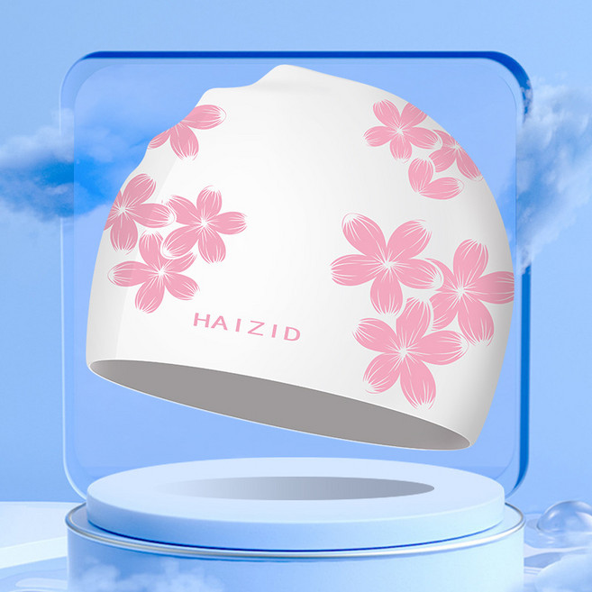 여성 빅사이즈 플라워 프린트 실리콘 수영모 긴 생머리에 적합한 수영 액세서리, 복숭아꽃, 1개