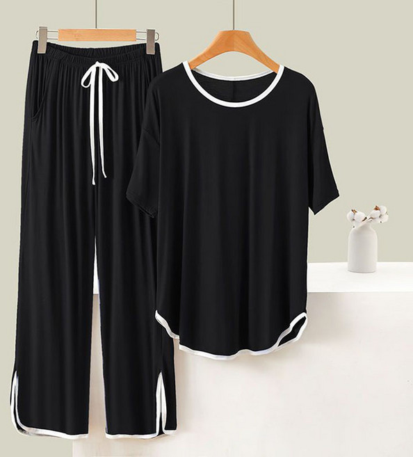 솔리드 반팔 티셔츠 긴바지 밴딩 팬츠 와이드 바지 홈웨어 루즈핏 투피스 봄 가을 여름 잠옷 실내복 모달 여성 상하의 파자마 세트 HOMASS