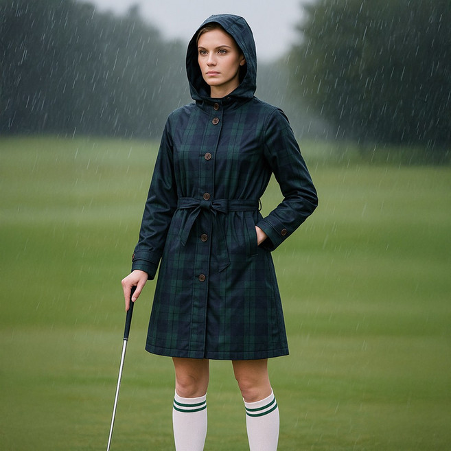 코디로 판초 체크그린 여성용 레인코트 우의 허리벨트 포함, 딥그린, 1개