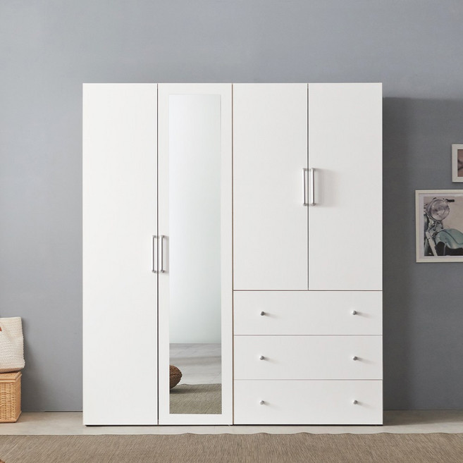 바로방가구 애쉬 옷장 B세트 거울형 1600 전신거울 이불장 드레스룸 원룸 서랍 장농, 화이트