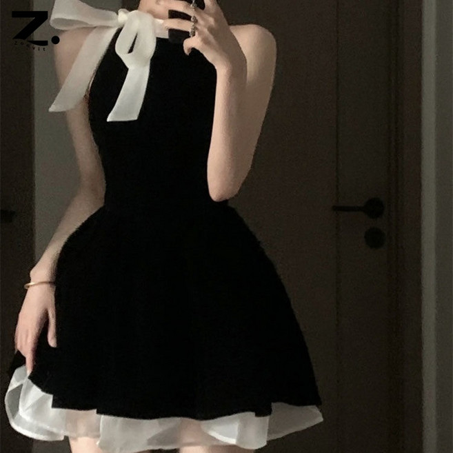 zoovit 여성용 날씬해 보이는예복 여름 리본 민소매 이중레이스 홀터넥 원피스