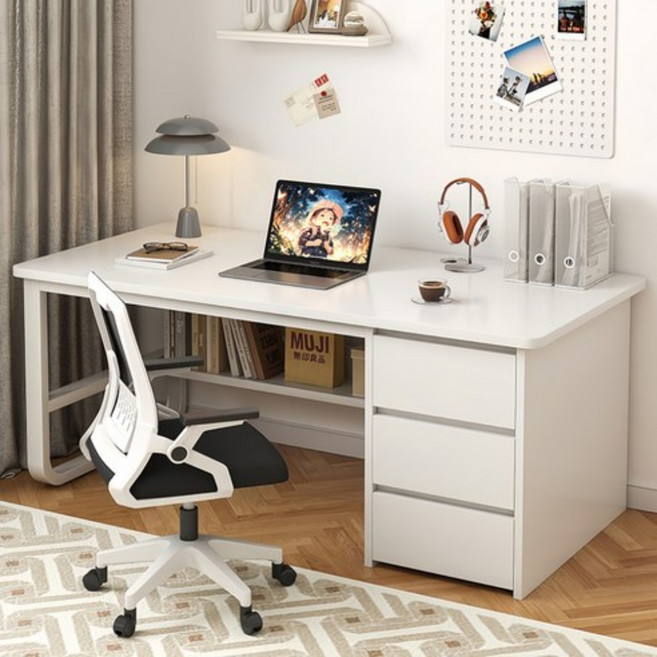 컴퓨터 책상 사무용 책상 학습데스크 서재 학생용 책상 1인용 서랍책상 일체형 선반 수납, 화이트