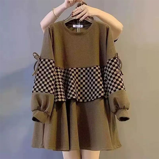 오스틱니 90kg까지 날씬해보이는 맨투맨 원피스 여성 가을 겨울 편한 간절기 체크 긴팔 라운드 넥 기모 롱티 롱맨투맨 루즈핏 제인드 가을옷 빅사이즈 캐주얼 패션 데일리 상의옷