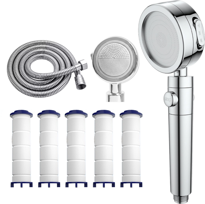 Ataasha 필터 샤워기 고압 3단조절 마사지샤워기 여행용 샤워기헤드, 실버본품+호스, 1세트