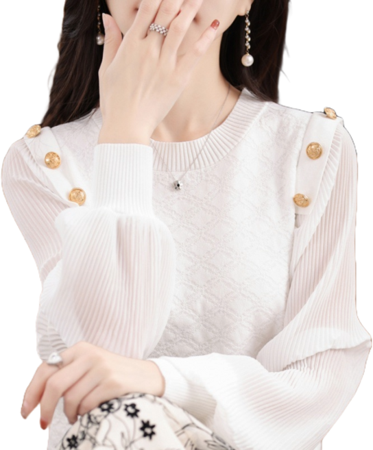 티티웍스 여성 가을 겨울 단추 포인트 퍼프 쉬폰 이너 니트 블라우스