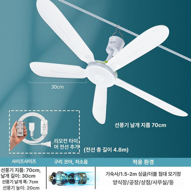 캠핑용 씰링팬 서큘레이터 조명 선풍기 천장형 타프팬, 1개, 70cm 5날개 3m 대형강풍 A