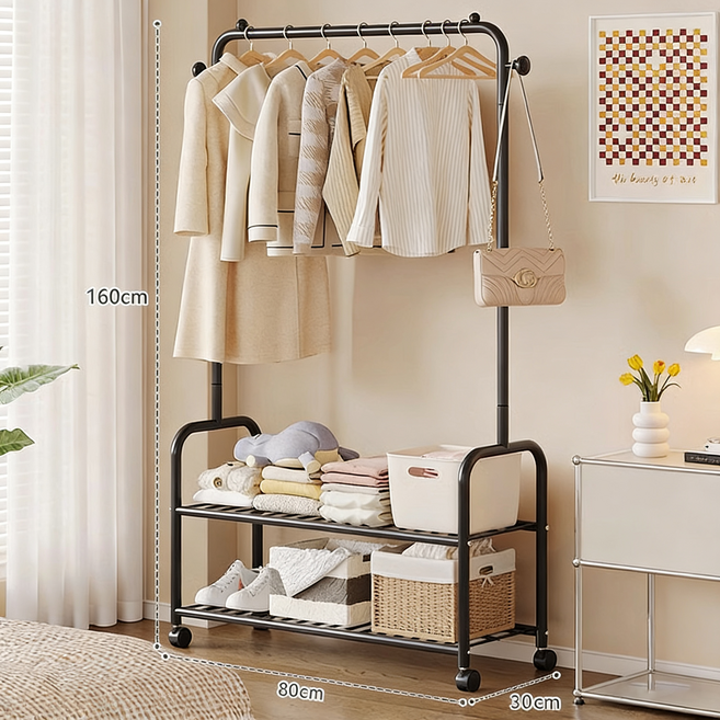Nexre 이동식 드레스룸 철제 행거 튼튼한 시스템 행거 2단 다용도 스탠드 옷걸이, 블랙