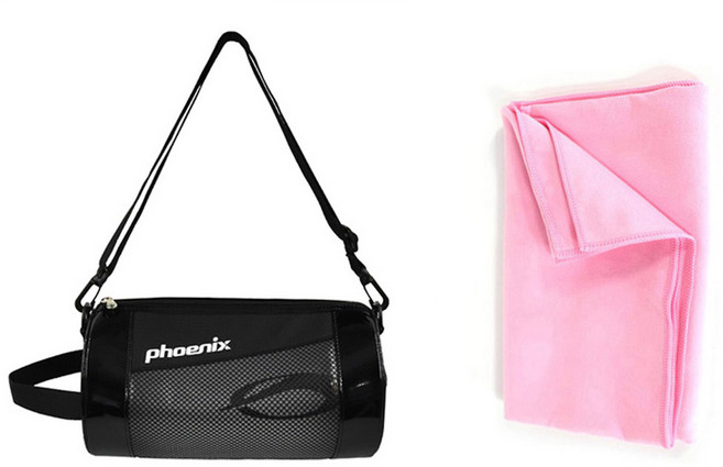 피닉스 원형수영가방+실버스핀 건식타올, 블랙+핑크