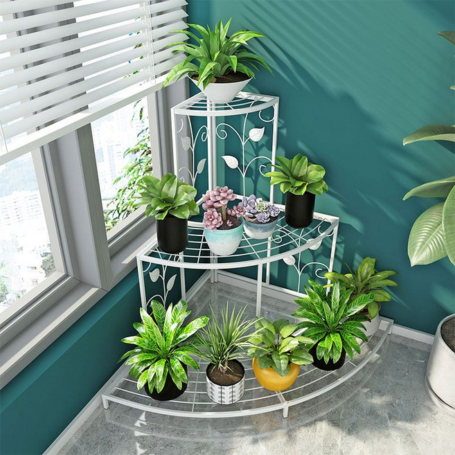 화분대 코너 화분 진열대 철제, 3단, 흰색